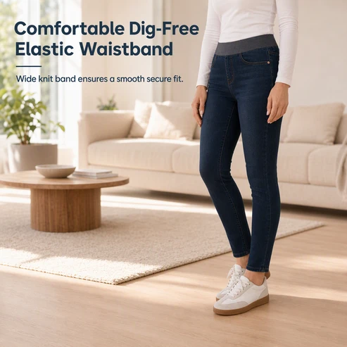 🤠Women's high-waisted jeans, stretchy, slim fit, dark blue, with wide elastic waistband