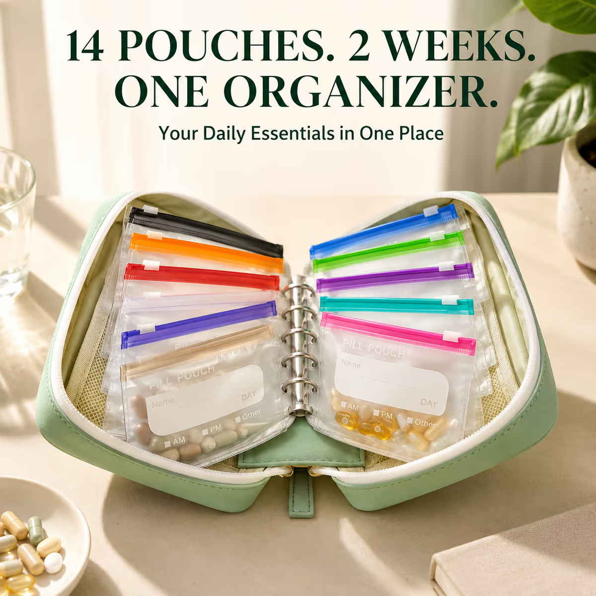 ✨2‑Week Pill Organizer Binder Case | 14 Reusable Color‑Coded Pill Pouch💊