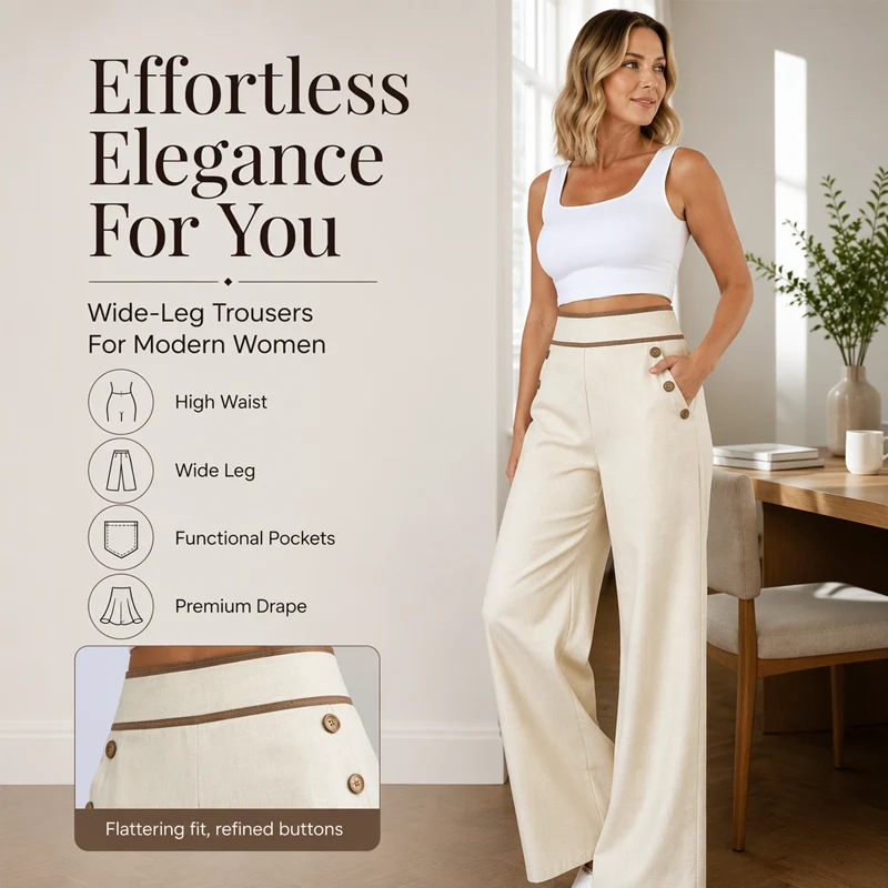 Contrast-Trim Wide-Leg Pants – legant Drape & Flattering High-Rise