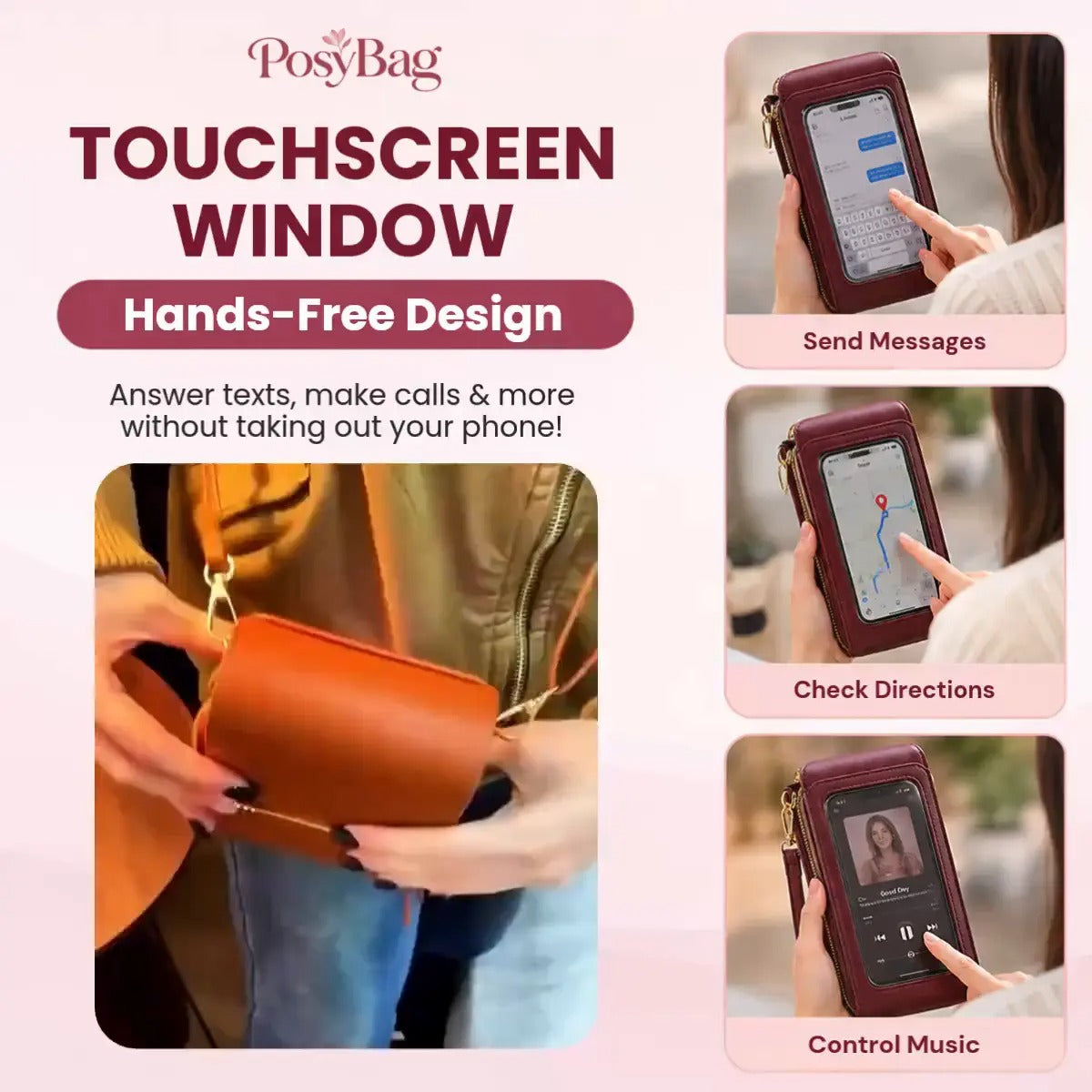 PosyBag - Touch Screen Waterproof Leather Crossbody Phone Bag for iPhone, Galaxy & Other