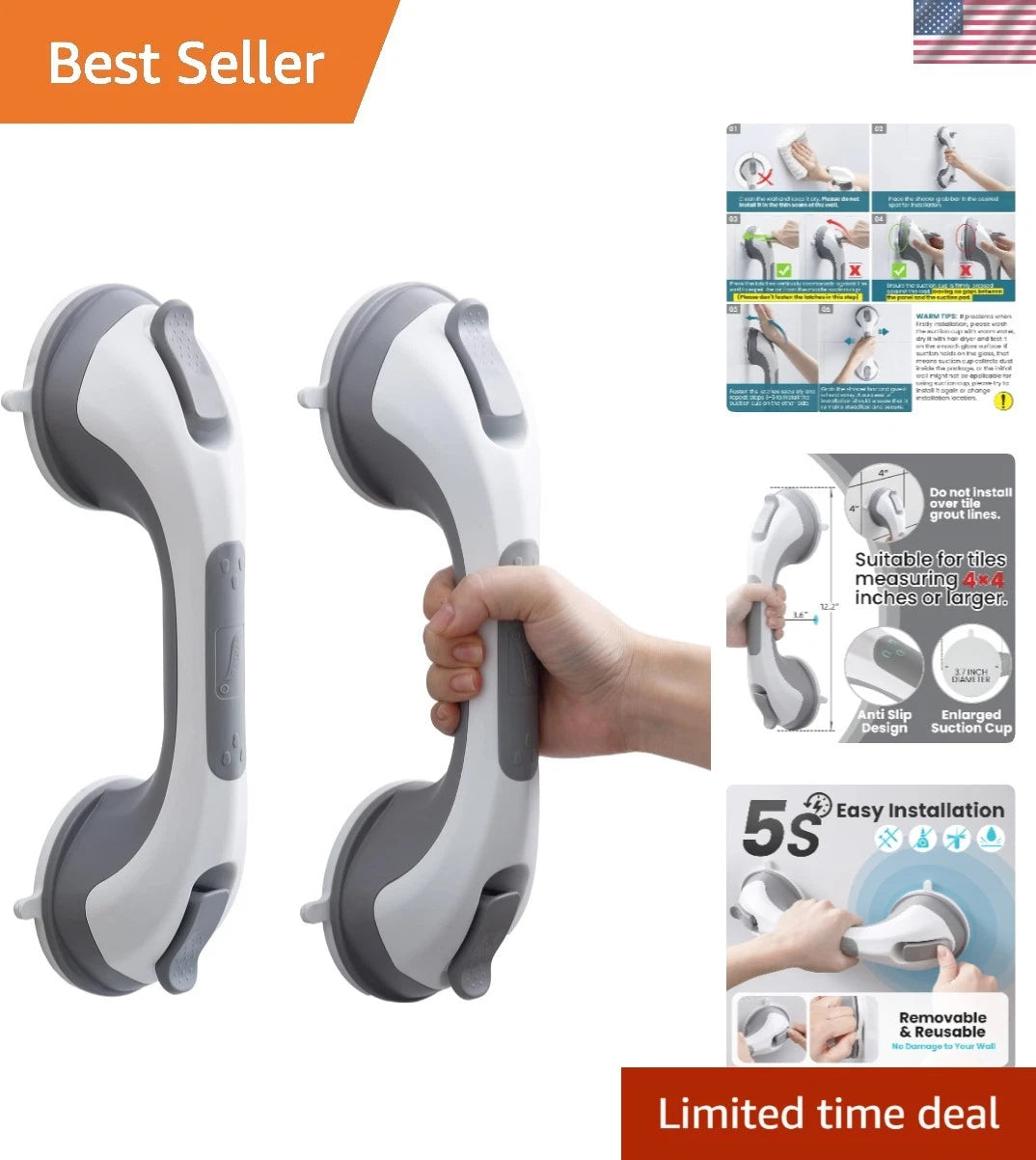 💥Last Day SALE Shower Grab Bars Suction No-Drill Bathroom Safety Handle