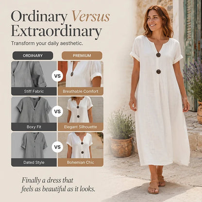 🌿 Summer Midi Dress with V-Neck & Decorative Buttons