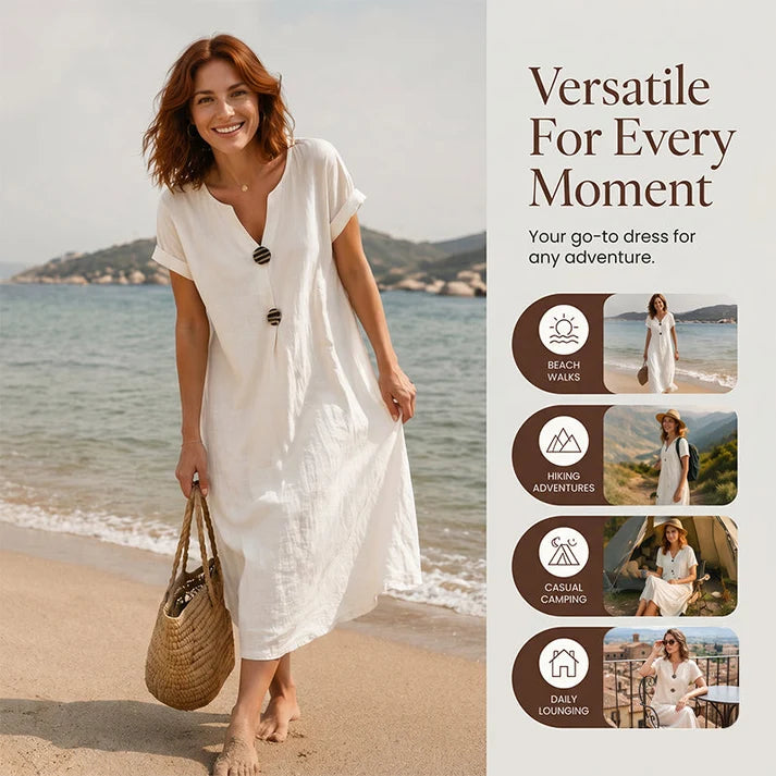 🌿 Summer Midi Dress with V-Neck & Decorative Buttons