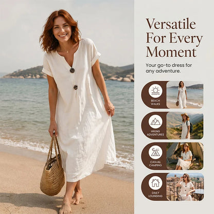 🌿 Summer Midi Dress with V-Neck & Decorative Buttons