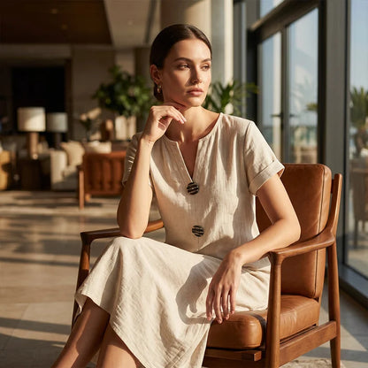 🌿 Summer Midi Dress with V-Neck & Decorative Buttons