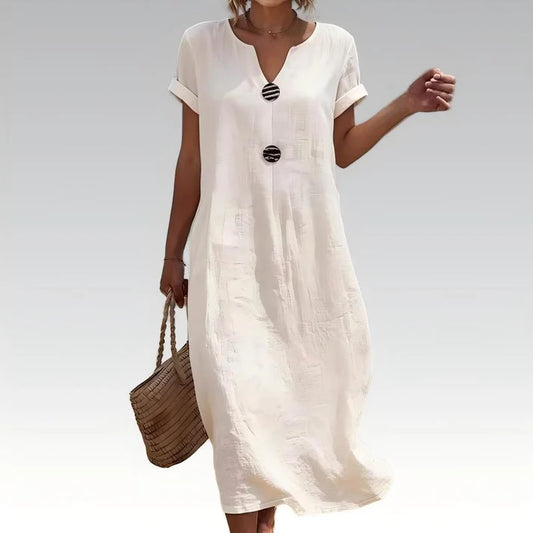 🌿 Summer Midi Dress with V-Neck & Decorative Buttons