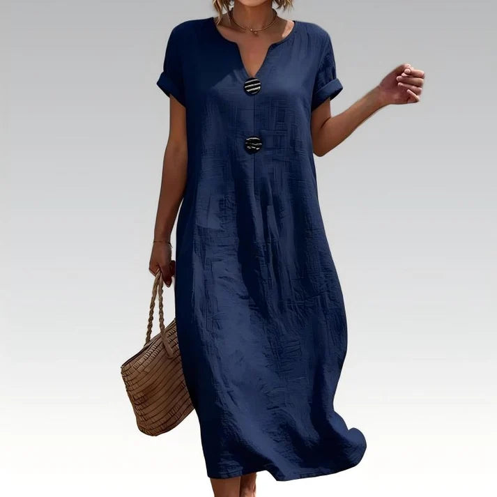 🌿 Summer Midi Dress with V-Neck & Decorative Buttons