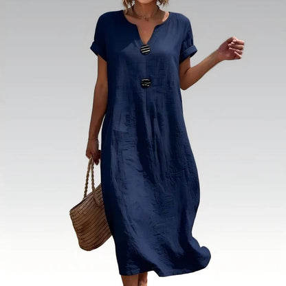 🌿 Summer Midi Dress with V-Neck & Decorative Buttons
