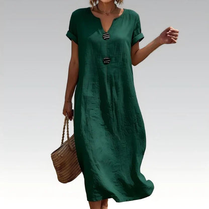 🌿 Summer Midi Dress with V-Neck & Decorative Buttons
