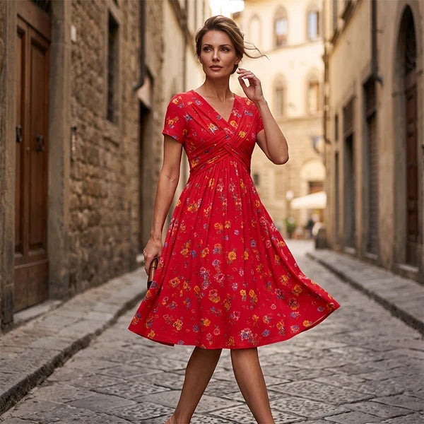 Floral V-Neck Twist-Waist Dress — Elegant Yet Easygoing for Any Occasion
