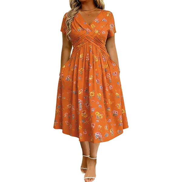 Floral V-Neck Twist-Waist Dress — Elegant Yet Easygoing for Any Occasion