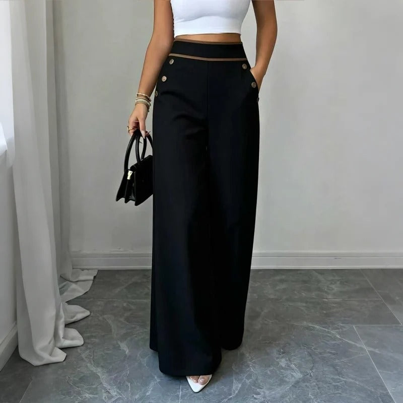 Contrast-Trim Wide-Leg Pants – legant Drape & Flattering High-Rise