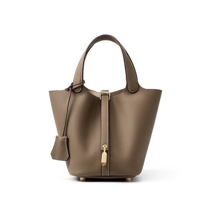📢📢50% OFF !! ⏰Women's Genuine Pebbled Leather Bucket Bag, Top Handle Tote Handbag with Lock