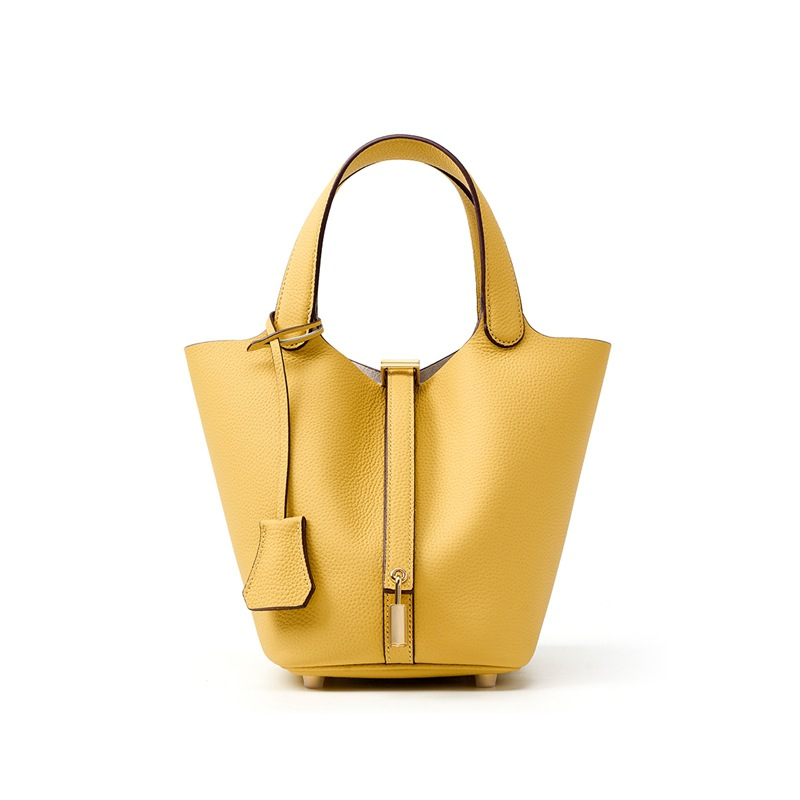 📢📢50% OFF !! ⏰Women's Genuine Pebbled Leather Bucket Bag, Top Handle Tote Handbag with Lock