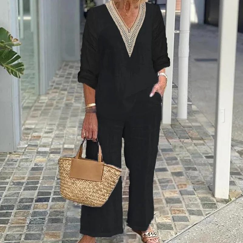 Women's V-Neck Top & Wide-Leg Pants