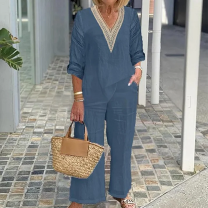 Women's V-Neck Top & Wide-Leg Pants
